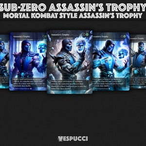 May include: Five blue and white trading cards with the text "Assassin's Trophy" and "Instant" on them. The cards feature a blue and white character with a skull in their hand. The cards are set against a dark blue background.