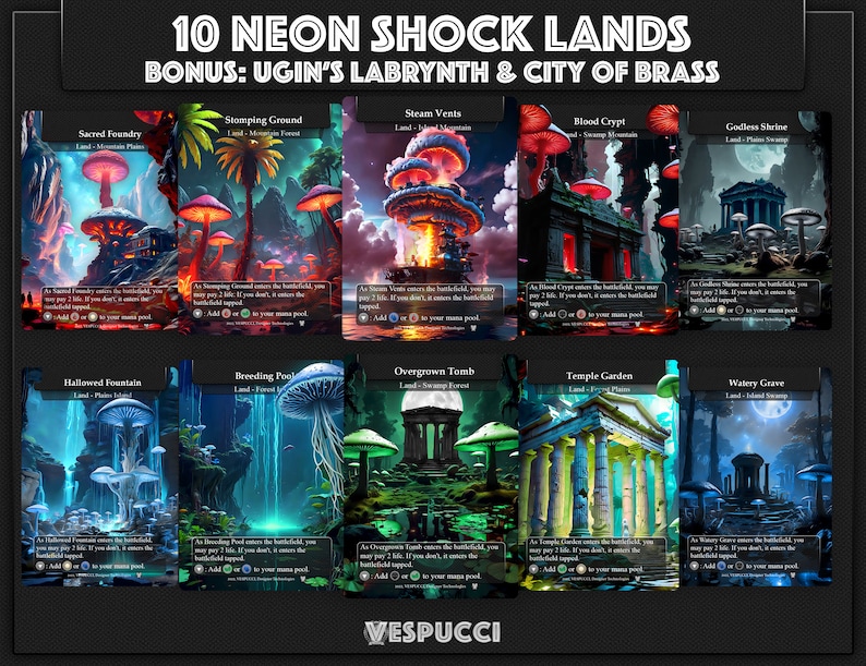 Shock Lands MTG Neon Mushroom Shock Lands, Premium Proxy Shock Lands