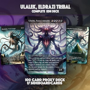 May include: A collection of trading cards featuring Ulalek, Fused Atrocity, Zhulodok, Void Gorger, and Ulamog, the Ceaseless Hunger. The cards display dark, tentacled creature illustrations with purple and blue hues. Text includes ULALEK, ELDRAZI TRIBAL COMPLETE EDH DECK and 100 CARD PROXY DECK 17 SIDEBOARDCARDS.