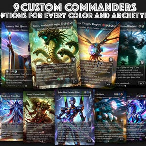 Op de afbeelding: Negen aangepaste commandantkaarten voor Magic: The Gathering, elk met een andere kleur en archetype. De kaarten zijn geïllustreerd met levendige fantasy-kunst en bevatten tekst die hun vaardigheden beschrijft.