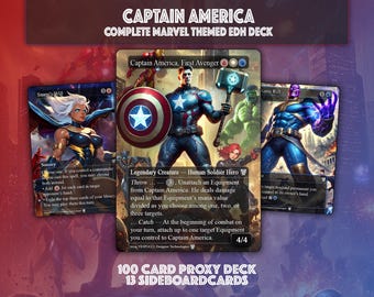 Captain America EDH Deck, 100 Card Deck, 12 Card Sideboard, Includes all major characters, Captain America Equipment Deck, Custom Proxies