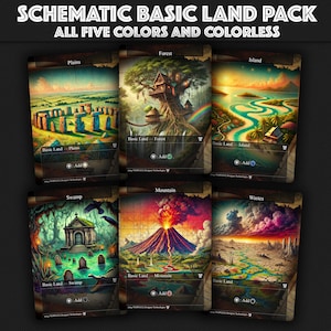 30 Schematic Basic Lands Custom Basic Land Premium Proxies, Island, Mountains, Plains, Forest, Swamp, Wastes, 5 colors & Colorless