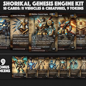 May include: A set of 18 trading cards featuring vehicles and creatures from the Shorikai, Genesis Engine Kit. The cards are illustrated with colorful artwork and feature text describing their abilities. The set also includes 9 bonus tokens.