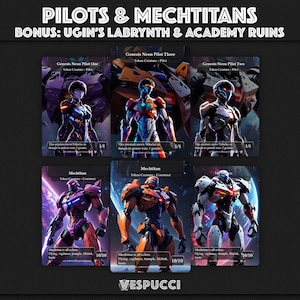 May include: A collection of trading cards featuring futuristic pilots and mechs. The cards display colorful illustrations of armored figures and robots, with text including card names and game stats. The title "PILOTS & MECHTITANS" is at the top.