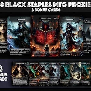 18 Black Staples Proxy Cards, Premium Custom Commander Cards, Demonic Tutor, Black Market Connections, Commander Black Staples