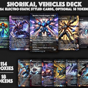 Könnte beinhalten: Ein Deck mit 114 elektrostatisch gestalteten Karten und 18 Token. Die Karten zeigen verschiedene Illustrationen von Fahrzeugen und Kreaturen. Der Text "SHORIKAI, VEHICLES DECK" steht oben. Die Karten sind Proxys.