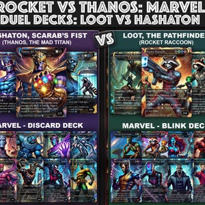 Loot, the Pathfinder Vs Hashaton, Scarab&#39;s Fist Duel Decks, 2 EDH Decks, Captain America VS Thanos, the Mad Titan EDH Deck, 216 Proxy Cards