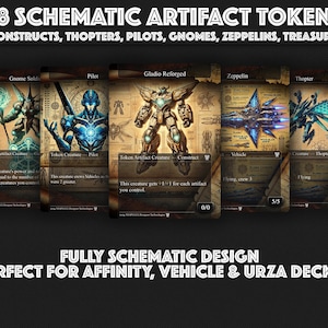 May include: Set of 18 collectible Magic: The Gathering artifact tokens. The tokens feature various creatures, vehicles, and constructs, including a gnome soldier, pilot, gladio reforged, zeppelin, and thopter. Each token has a unique design and includes text describing its abilities.