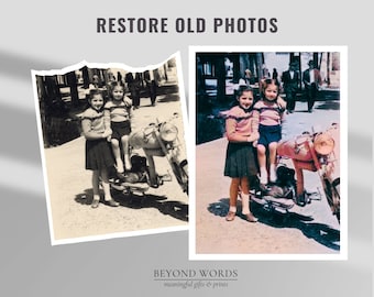 May include: A black and white photo of two girls on a motorcycle has been restored to color. The girls are wearing pink and white striped shirts and black skirts. The motorcycle is red and black.