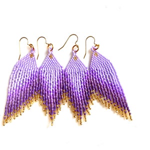 Beaded earrings long fringe earrings tassel earrings boho style purple gift for her