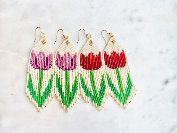 Tulip Earrings Long Beaded Fringe Earrings Hand Woven Boho Flower Earrings Floral Tassel Etsy Canada