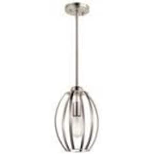 May include: A brushed nickel pendant light featuring an oval-shaped cage design constructed from thin vertical metal bars. The fixture includes a single central light bulb socket suspended by a slender rod attached to a circular ceiling canopy.