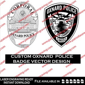 May include: Black and white vector designs of Oxnard Police badges. One badge is oval-shaped with the text "Corporal" and a building illustration. The other badge is shield-shaped with the text "Oxnard Police" and "Gateway to the Channel Islands 1903".