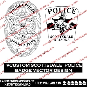Könnte beinhalten: Schwarz-Weiß-Vektordesigns von Polizeiausweisen von Scottsdale. Ein Abzeichen ist oval mit dem Text "Police Officer" und "Scottsdale Police". Das andere Abzeichen ist schildförmig mit einem Cowboy auf einem Pferd. Der Text enthält "Scottsdale Arizona".