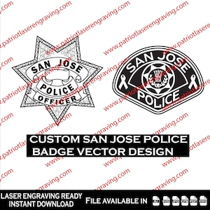 Puede incluir: Diseños vectoriales en blanco y negro de insignias de la policía de San José. Uno es una estrella de seis puntas con el texto "San José Police Officer". El otro es una forma de escudo con el texto "San José Police". También está presente el texto "Custom San José Police Badge Vector Design".