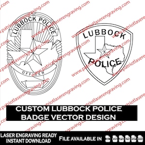 Puede incluir: Dos diseños vectoriales de insignias de la policía de Lubbock. Uno es de forma ovalada con una estrella y el texto "Lubbock Police Officer". El otro es en forma de escudo con el contorno de Texas, una estrella y el texto "Lubbock Police."