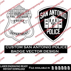 May include: Two vector designs of San Antonio Police badges. One is a shield shape with the Alamo and the words "San Antonio Police Department." The other is a black and white shield with the Alamo and the word "Police."
