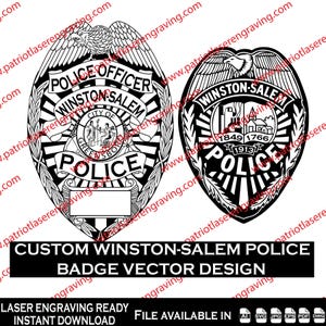 Op de afbeelding: Twee zwart-wit politiebadge-ontwerpen voor Winston-Salem, North Carolina. De badges tonen een adelaar, de woorden "Police Officer" en "Police" en de naam van de stad. De tekst "Custom Winston-Salem Police Badge Vector Design" is ook aanwezig.