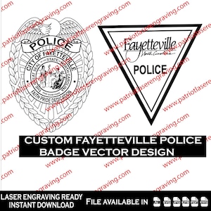 Puede incluir: Diseño vectorial en blanco y negro de una placa de la policía de Fayetteville y un emblema triangular. La placa presenta el sello de la ciudad, las palabras "POLICE", "FAITH PRIDE DEDICATION" y "CITY OF FAYETTEVILLE". El emblema dice "Fayetteville, Carolina del Norte, POLICE".