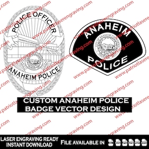 May include: Vector designs of Anaheim Police badges. The image includes a detailed police badge, a black and white badge, and a rectangular design with the text "CUSTOM ANAHEIM POLICE BADGE VECTOR DESIGN."