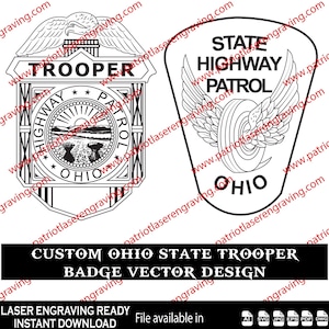Può includere: Design vettoriale in bianco e nero di due distintivi dell'Ohio State Trooper. Un distintivo recita "Trooper" con un'aquila e "Highway Patrol" con una scena paesaggistica. L'altro distintivo recita "State Highway Patrol" con uno pneumatico alato. Il testo in basso dice "Custom Ohio State Trooper Badge Vector Design."