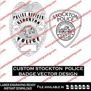 May include: Black and white vector design of two Stockton Police badges. One badge is a shield shape with the text "STOCKTON POLICE" and "FOUNDED JUNE 1850". The other badge is a traditional police officer badge with the text "POLICE OFFICER STOCKTON POLICE".
