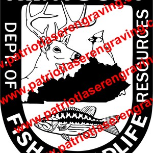 May include: Black and white illustration of the Kentucky Department of Fish and Wildlife Resources logo. The logo features a deer, a cardinal, a fish, and the state of Kentucky. The text "Kentucky Department of Fish and Wildlife Resources" is written around the outside of the logo.