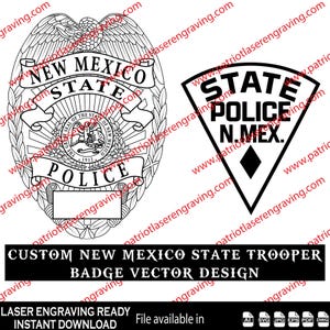 May include: Black and white vector design of two New Mexico State Police badges. One badge is a detailed shield with text, the other is a triangular badge with text. The text reads "New Mexico State Police" and "State Police N. Mex."