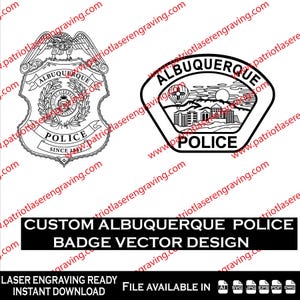 May include: Black and white vector designs of Albuquerque Police badges. One badge is a shield shape with an eagle and the text "POLICE" and "ALBUQUERQUE". The other badge is a pentagon shape with a hot air balloon and the text "POLICE" and "ALBUQUERQUE". The text "CUSTOM ALBUQUERQUE POLICE BADGE VECTOR DESIGN" is also present.