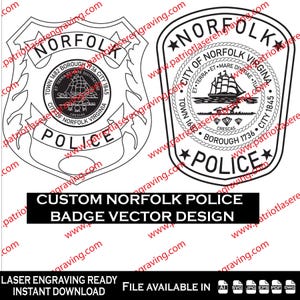 Puede incluir: Diseño vectorial en blanco y negro de dos insignias de la policía de Norfolk. Las insignias presentan el sello de la ciudad, texto y las palabras "POLICE". También está presente el texto "CUSTOM NORFOLK POLICE BADGE VECTOR DESIGN".
