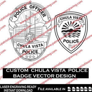 Può includere: Disegni vettoriali in bianco e nero di distintivi della polizia di Chula Vista. Un distintivo presenta un emblema dettagliato con il testo "POLICE OFFICER" e "CHULA VISTA POLICE". L'altro distintivo ha un design a raggiera.