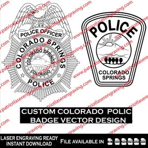 Puede incluir: Diseños vectoriales en blanco y negro de insignias de la policía de Colorado Springs. Una insignia presenta un águila y el texto "POLICE OFFICER". La otra insignia tiene un gráfico de montaña y sol con el texto "POLICE". También está presente el texto "CUSTOM COLORADO POLICE BADGE VECTOR DESIGN".