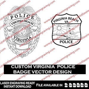 Op de afbeelding: Zwart-wit vectorontwerpen van Virginia Beach Police-badges. Eén badge is ovaal van vorm met de tekst "Police Virginia Beach Virginia". De andere is schildvormig met een vuurtoren en de tekst "Virginia Beach Police".