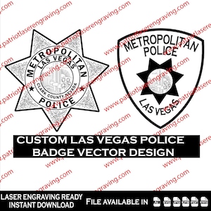 Könnte beinhalten: Schwarz-Weiß-Vektordesigns von Abzeichen der Las Vegas Metropolitan Police. Eines ist ein sechszackiger Stern, das andere eine Schildform. Der Text enthält "Metropolitan Police Las Vegas" und "Custom Las Vegas Police Badge Vector Design."