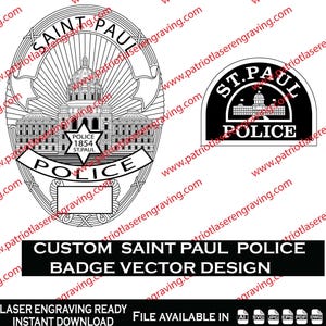 Może przedstawiać: Wektory odznak policji Saint Paul. Jedna odznaka ma owalny kształt ze szczegółowym przedstawieniem budynku i napisem "POLICE 1854 ST. PAUL". Druga odznaka to półkole z napisem "ST. PAUL POLICE".