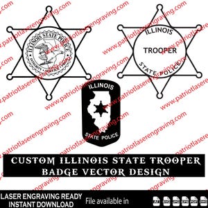 Peut inclure: Conceptions vectorielles en noir et blanc d'insignes de la police d'État de l'Illinois. Comprend un insigne en étoile à six branches avec du texte et un aigle, un insigne circulaire avec "Illinois Trooper State Police".