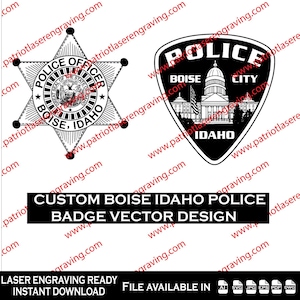Può includere: Disegni vettoriali in bianco e nero di distintivi della polizia di Boise, Idaho. Uno è un distintivo a forma di stella con testo, e l'altro è un distintivo a forma di scudo con una scena cittadina. È incluso anche il testo "CUSTOM BOISE IDAHO POLICE BADGE VECTOR DESIGN".