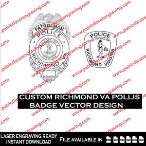 Puede incluir: Diseños vectoriales en blanco y negro de insignias de la policía de Richmond, Virginia. La imagen incluye dos diseños de insignias, uno circular y otro en forma de escudo, con el texto "PATROLMAN POLICE" y "POLICE RICHMOND VIRGINIA". La imagen también incluye el texto "CUSTOM RICHMOND VA POLLIS BADGE VECTOR DESIGN".