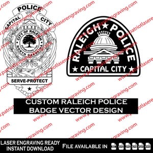 Könnte beinhalten: Schwarz-Weiß-Vektordesigns von Raleigh Police-Abzeichen. Ein Abzeichen hat die Form eines Schildes mit den Worten "Police" und "City" oben und "Serve-Protect" unten. Das andere Abzeichen hat die Form eines Halbkreises mit den Worten "Raleigh Police" und "Capital City".