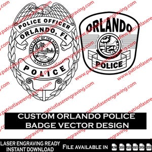 May include: Black and white vector design of two Orlando Police badges. One badge is a shield shape with the words "Police Officer Orlando, FL" and the state seal. The other badge is a rounded shape with the word "Orlando Police".