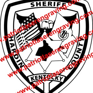 May include: Black and white illustration of a sheriff's badge with a five-pointed star, an eagle, and the words "SHERIFF HARDIN COUNTY KENTUCKY".