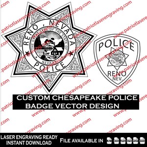 Könnte beinhalten: Schwarz-weiße Vektordesigns von Polizeiausweisen. Eines ist sternförmig mit dem Text "Reno, Nevada Police" und einem detaillierten Emblem. Das andere ist schildförmig mit dem Text "Police" und "Reno, Nev".