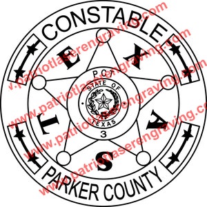 May include: A black and white circular emblem with the words "CONSTABLE" and "PARKER COUNTY" in a curved font. The center features a star and the words "STATE OF TEXAS". The emblem also includes the number "3".