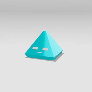Könnte beinhalten: Eine türkisblaue Pyramide mit einer flachen Spitze und einer weißen Fläche mit zwei kleinen weißen Rechtecken für Augen und einer kleinen weißen Linie für einen Mund.