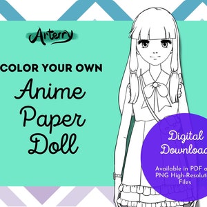Long-haired Cute Anime Teen - Color your own Paper doll - Coloring page - Printable Papercraft Digital Illustration - Digital Download