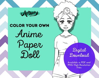 Color your own Anime Paper doll - Funky Cutie - Printable Papercraft Digital Illustration - Digital Download