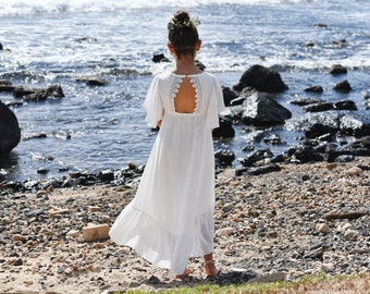 Ivory Lace Flower Girl Dress, Open Back High Low Gown, Boho Rustic or Beach Wedding, Boho Style, Junior Bridesmaid, Tween, Girls Size 4–14