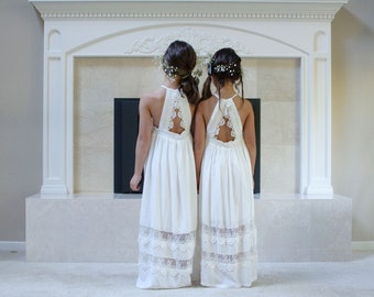 Boho Lace Junior Bridesmaid Dress, Long Open Back Girls Gown, Rustic Bohemian Flower Girl Dress for Weddings, Sizes 3–14