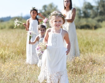 Bohemian Flower Girl Dress, Flower Girl Dresses, Lace Back Dress, Girls Lace Dress, Girls Boho Dress, Rustic Lace Dress, Off White Dress