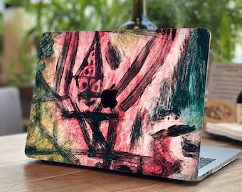 Red and pink brushstrokes with black lines | Motifs reminiscent of architectural forms | Rough brushstrokes with a textured background